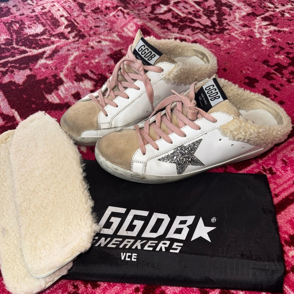 SOLD!!!!!!Golden Goose Beige and White Sneakers with Pink Accents